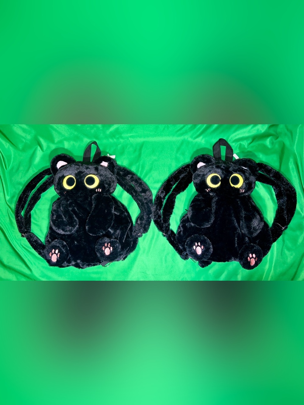2 - Plush Black Cats w/yellow eye Backpack - Soft Cute Ears and Paw Detail